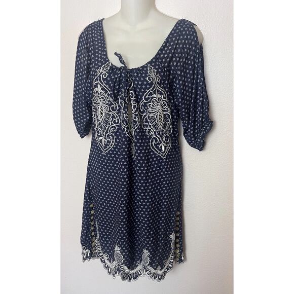 Tamara Catz Blue Embroidered Cold Shoulder Short Dress Women’s Sz S/M Blue - Picture 2 of 7